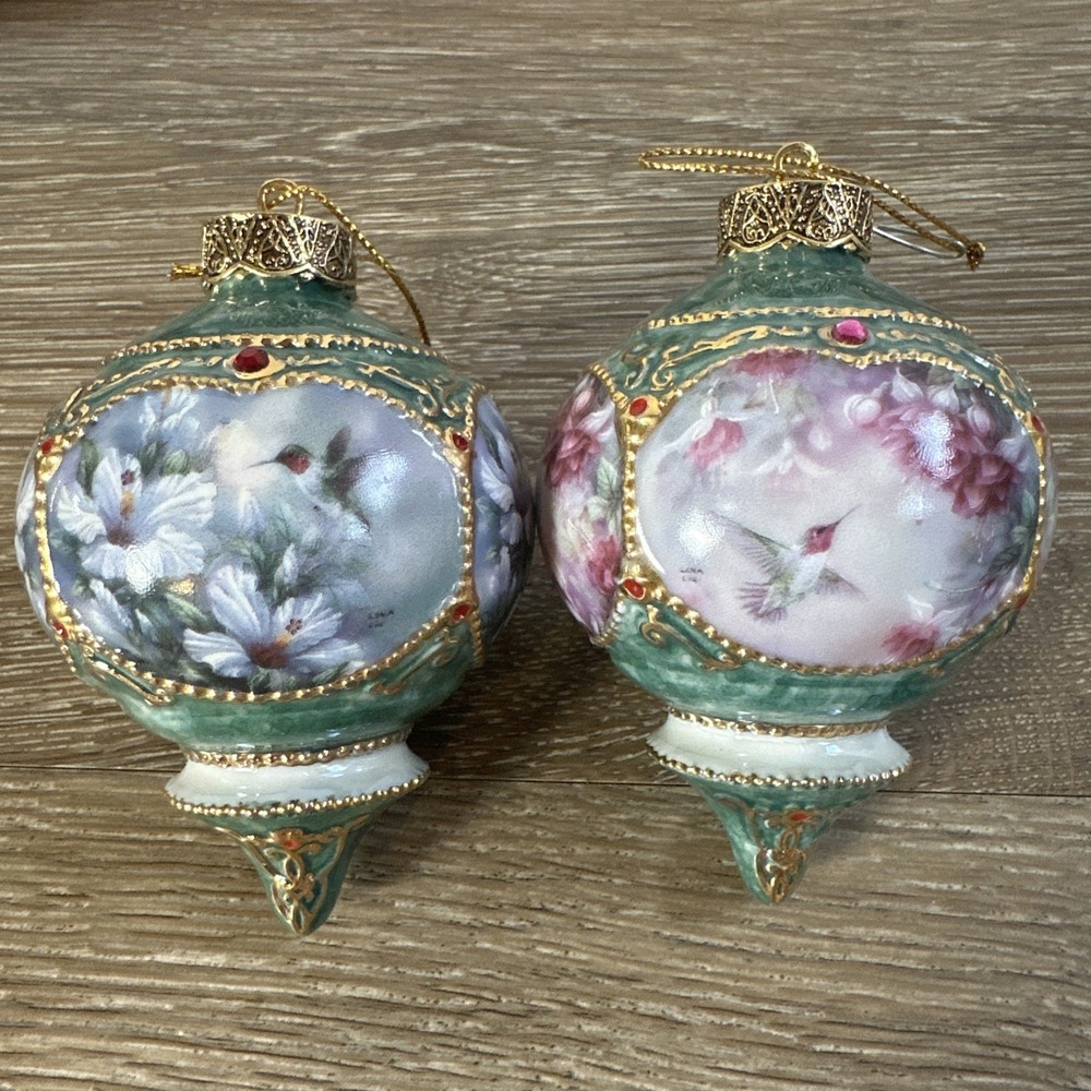 Set 2 Glass Christmas Ornaments Hummingbird Floral Gold Trim Vintage Style